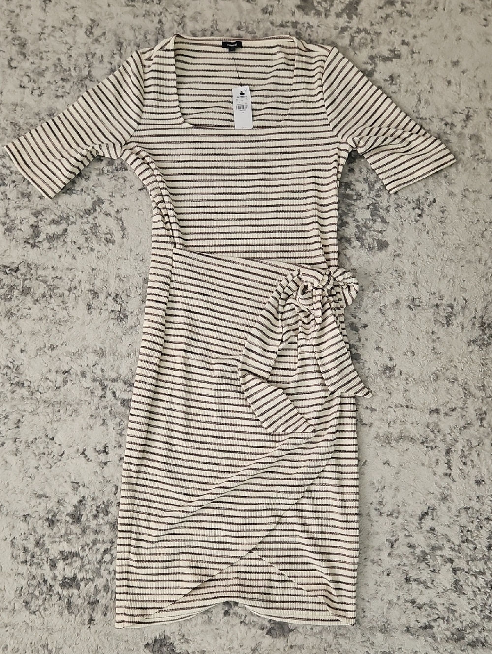 Express Cream and Brown Striped Tie Waist Midi Dress